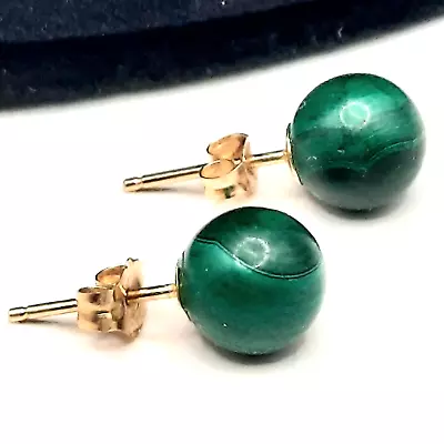 Malachite Ball Stud Earrings 14K Posts & Backs 7mm Green Stone • $34