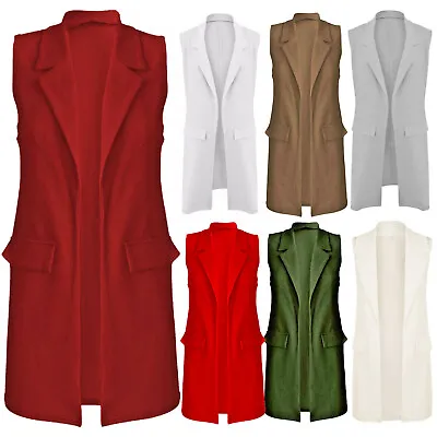 Ladies Womans Sleeveless Plus Size Crepe Open Long Waistcoat Pocket Top Jacket  • £8.73