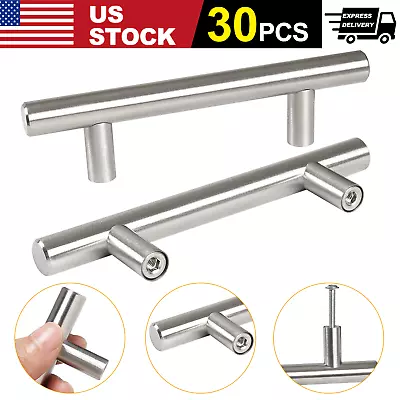  Brushed Nickel Kitchen Cabinet Pulls Stainless Steel Drawer T Bar Handles 30PCS • $19.29