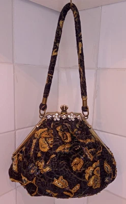 £9.99 • Buy Vintage Leko London Black & Gold Sparkly Diamante Sequin Beaded Tapestry Bag 