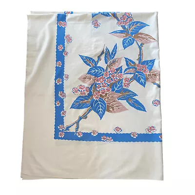 Dogwood Floral Vintage Tablecloth Pink Blue Brown Blossoms Branches Cottage Core • $35.99