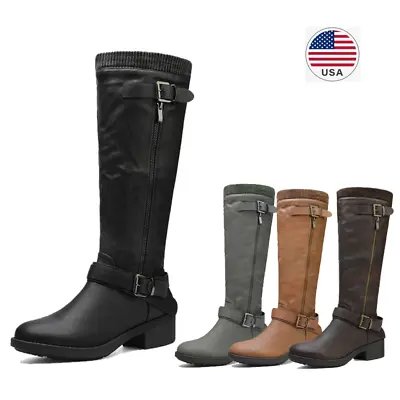 $37.94 • Buy Women Low Heel Side Zipper Faux Fur Lining Wide Calf Knee High Riding Boots