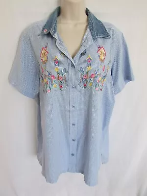 VINTAGE BOBBIE BROOKS WOMANS 14/16W Blue Gingham Floral Garden Embroider SHIRT • $12