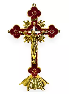 Jesus Christ On Cross Gold Tone 8  Standing Crucifix Red Inlay Crucifijo Dorado • $18.99
