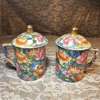 Vintage Chinese Covered Coffee Tea Cup Mug Floral Gilded Porcelain Set Of 2 • $25