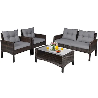 $639.90 • Buy 4PCS Lounge Set Outdoor Wicker Furniture Rattan Dining Sofa Chair Table Garden
