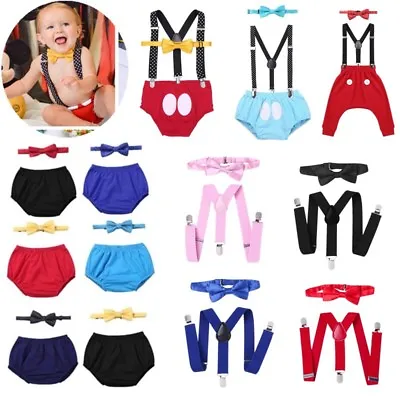 Baby Boys 1st Birthday Cake Smash Bloomers Suspenders Outfit Party Photo Props • $17.19