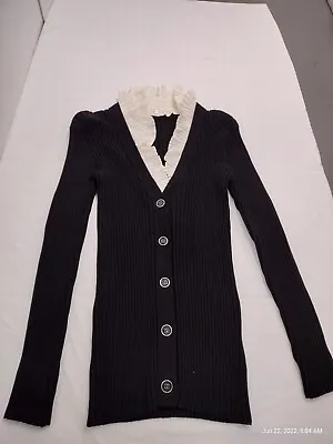 Ladies Vintage X  Long Sleeve Black Top  White Ruffles. Size L.  Stretchy  • $11