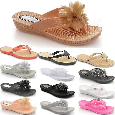 Ladies Women Filp Flops Diamante Flower Toe Post Soft Jelly Beach Sandals Shoes • £3.99