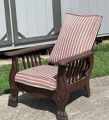 Antique Oak Morris Chair Recliner 1900 Victorian Lions Feet • $550