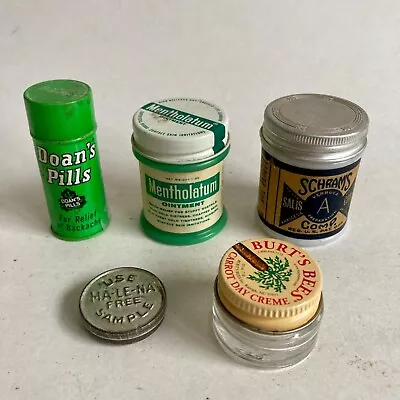 Lot 5 Vintage Medicine Jars Tins Schram's Burt's Bees Mentholatum Ointment Doans • $33