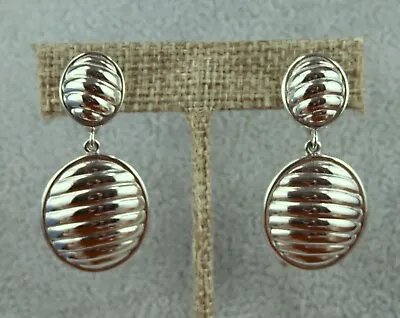 Vintage Monet Dangle Drop Chunky Ribbed Ovals Silver Tone Clip Earrings • $16