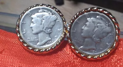 $28.99 • Buy Mens Vintage CUFFLINKS 1935 REAL SILVER MERCURY DIME COIN Goldtone + Bonus Pair!