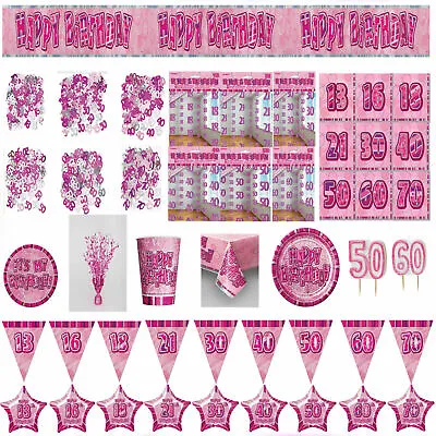 Pink Glitz Birthday Tableware Ages 13-60 Party Supplies Plates Banners Candle • £3.29