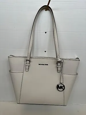 MICHAEL KORS Optic White Leather Jet Set Travel MD EW TZ Tote Bag Purse NWT New • $119.99