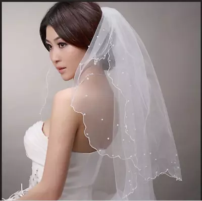 New Bridal Veil Short Style Ribbon Edge Wedding Veil With Adornment Pearls • $11.22