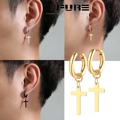 Pairs Surgical Steel Hoop Earrings With Cross For Men Gold Silver Black Women  • £3.99