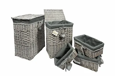 Woodluv Grey Wicker Laundry Storage Basket Bin Clothes Gift Hamper Basket • £18.99