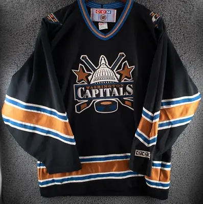 VINTAGE CCM WASHINGTON CAPITALS ALTERNATE HOCKEY JERSEY BLACK Size Large • $129.99