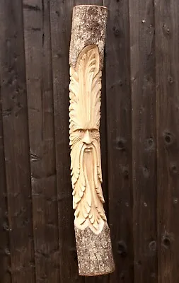 £29.90 • Buy Green Man Wood Carving Half Log Wall Hanging Garden Decor CLEARANCE BENT