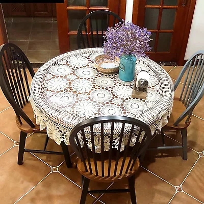 52'' Vintage Round Hand Crochet Tablecloth Hollow-out Lace Floral Table Cloth  • $34.20
