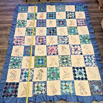 Vintage Handmade Quilt Top Hand Stitched Hand Embroidered 84  X 64  Excellent • $44.99