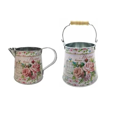 Vintage Style Metal Floral Rose & Home Print Flower Gift Pot - Pot Or Jug • £10.10