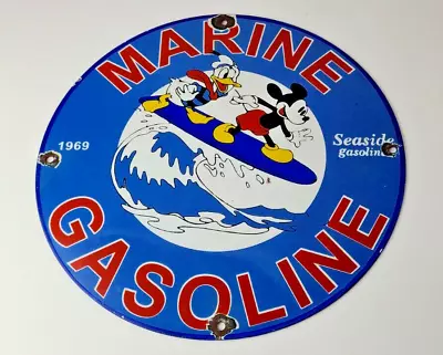Vintage Marine Gasoline Sign - Disney Mickey Mouse Porcelain Auto Gas Pump Sign • $144.47