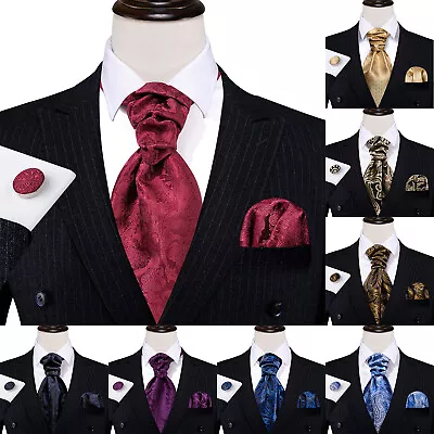 Men Silk Ascot Cravat Set Floral Tie Hanky Cufflinks Party Dinner Set • $11.99