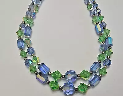 Vintage Blue Green Crystal Double Stand Bead Necklace 14  • $20