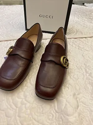 $550 • Buy NWB Gucci MARMONT Burgundy Leather Square Toe Mid Heel Loafers Women’s Size 37