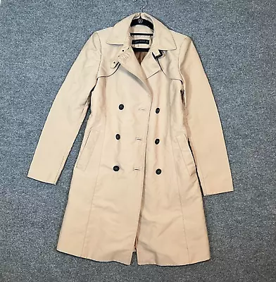 Zara Jackert Womens Small Beige Trench Coat Military Long Buttons Classic Flawed • $30.99