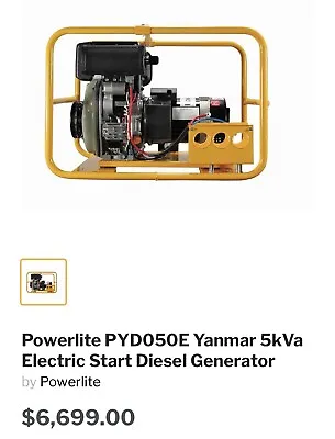 Yanmar 5kVa Electric Start Diesel Generator RRP $6700 Powerlite 15amp • $2900