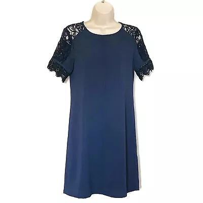 Kut From The Kloth Women's Size 2 Navy Blue Dress Lace Trim Short Sleeves Zipper • $9.99