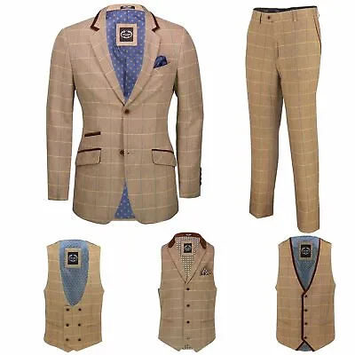 Mens Tan Herringbone Check 3 Piece Suit Sold Separately Blazer Trouser Waistcoat • £74.99