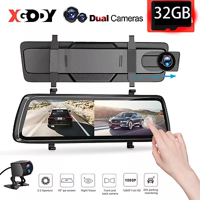 XGODY 1080P Dash Cam 10  Rear View Camera Car DVR Reversing Mirror + 32GB Card • $79.90