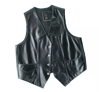 Vintage Black Leather Biker Vest Western Mens Xl High Quality Sleeveless Jacket • $115