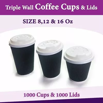 Disposable Coffee Cups Triple Wall 8Oz 12Oz 16Oz W/Lids Takeaway Black Cups Bulk • $30