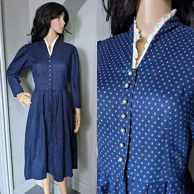 £42.99 • Buy Vintage 70s Cotton Crochet Ditsy Prairie Dirndl Dress 60s S 10 38