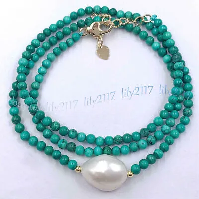 Natural Green Turquoise Round Gemstone White Freshwater Pearl Pendant Necklace • $4.31