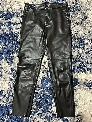 ZARA Womens Faux Leather Pants Size Large Ankle Zip High Waisted Black Leggings • $22
