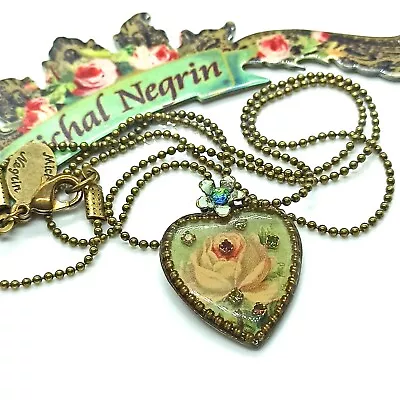 Michal Negrin Necklace Heart Pendant Retro Rose Pastel Green Crystals Long Gift • $47.20