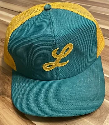 Vintage Lindbergh High School L Monogram Green Gold Snap Back Mesh Trucker Hat • $20