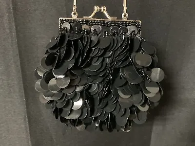 Vintage Sequin Silver Clasp Metal Chain Strap Black Evening Purse Clutch 6 X 5  • $12
