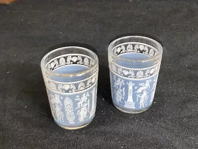 Vintage Pair Of Jeannette Hellenic Blue Wedgwood 2-1/4” Grecian Shot Glasses • $12.75