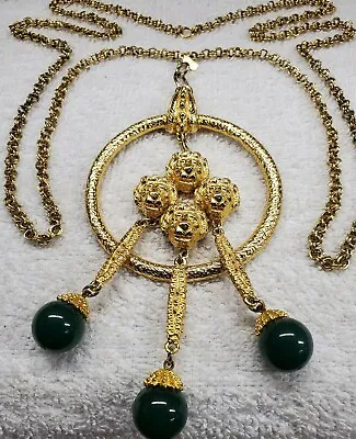 Donald Stannard Lion Head Emerald Green Bakelite Teardrops Gold Necklace Jewelry • $259.95