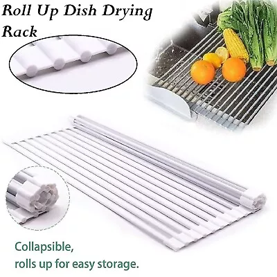 Dish Rack Drying Drainer Over Sink Stainless Steel Rack Roll Up Foldable Kitchen • $27.49