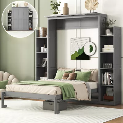 Full Size Murphy Wall Bed With Storage Bookshelves LED Lights Wooden Cabinet Bed • $1259.99