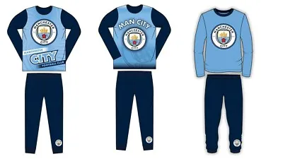 Boys Kids Manchester City Pyjamas PJs Nightwear 2 To 12 Years Long Sleeve Blue • £12.99