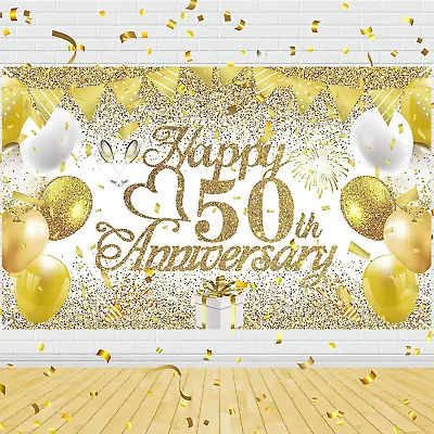 50Th Wedding Anniversary Decorations White Gold Happy 50Th Anniversary Banner 50 • $17.57